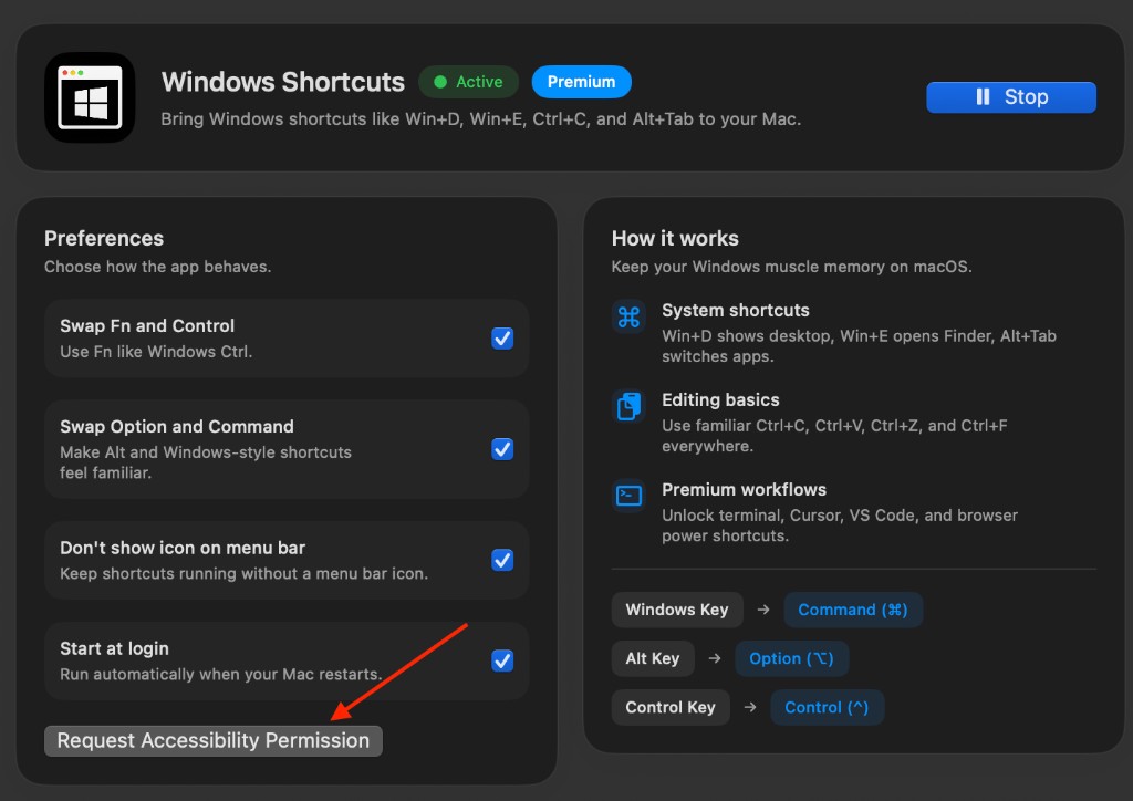 Winkeys app with Request Accessibility Permission button highlighted