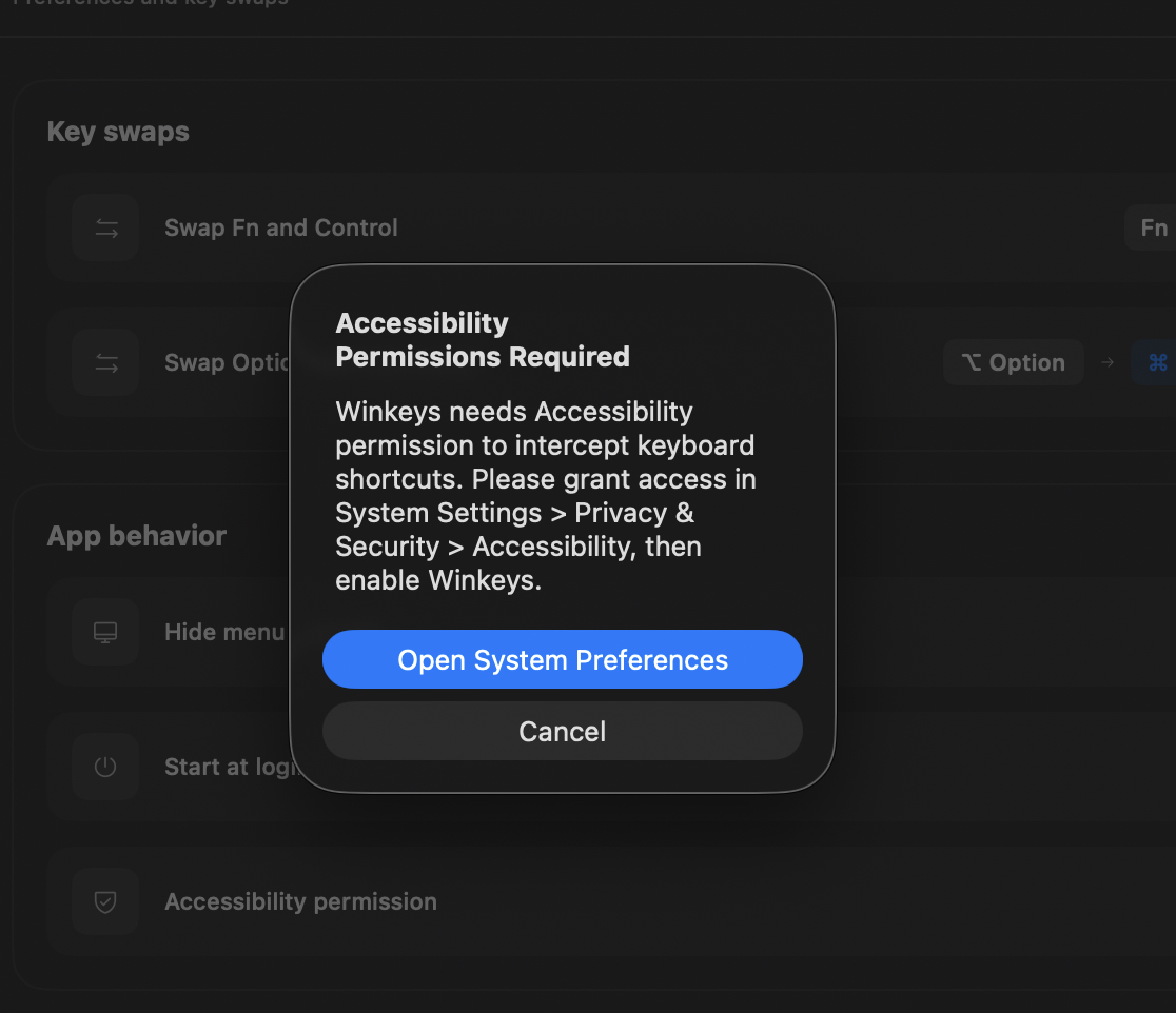 Winkeys dialog asking to open System Settings so the app can remap keys