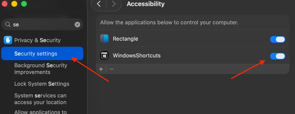 macOS Accessibility settings with Winkeys toggle enabled