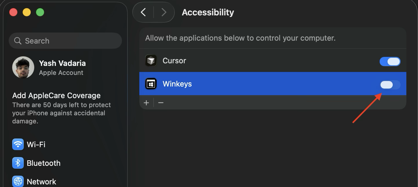 macOS Accessibility list with the Winkeys switch turned on