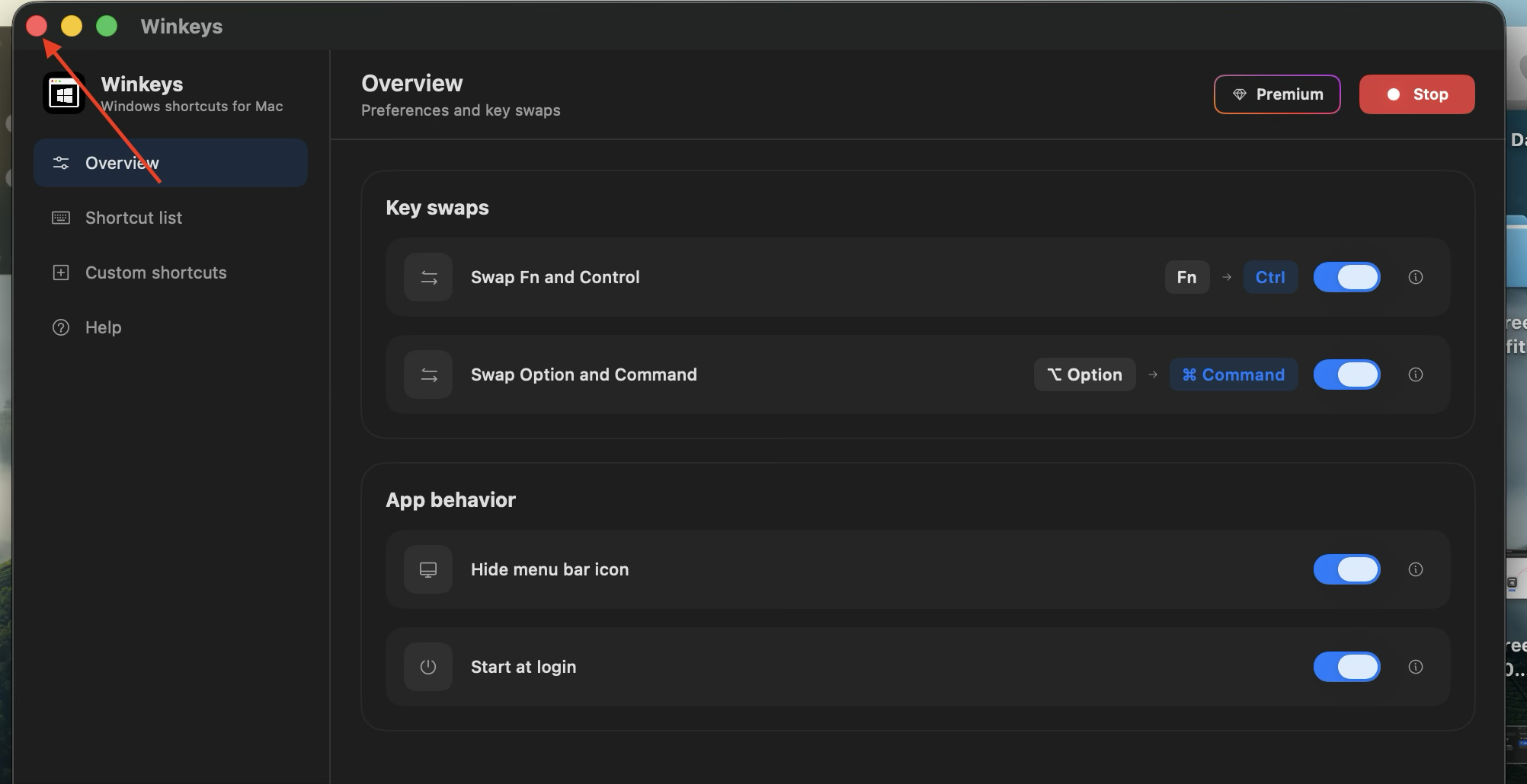 Winkeys Overview with the red close button, Hide menu bar icon, Start at login, and Stop