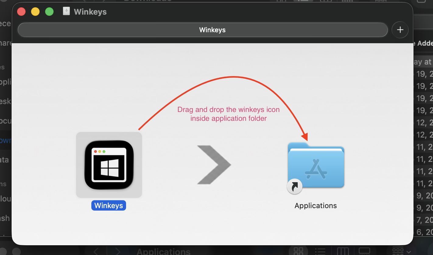 Winkeys disk image with an arrow from the app icon to the Applications folder