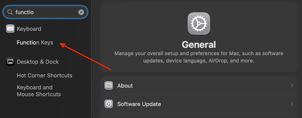 macOS System Settings search showing Function Keys under Keyboard