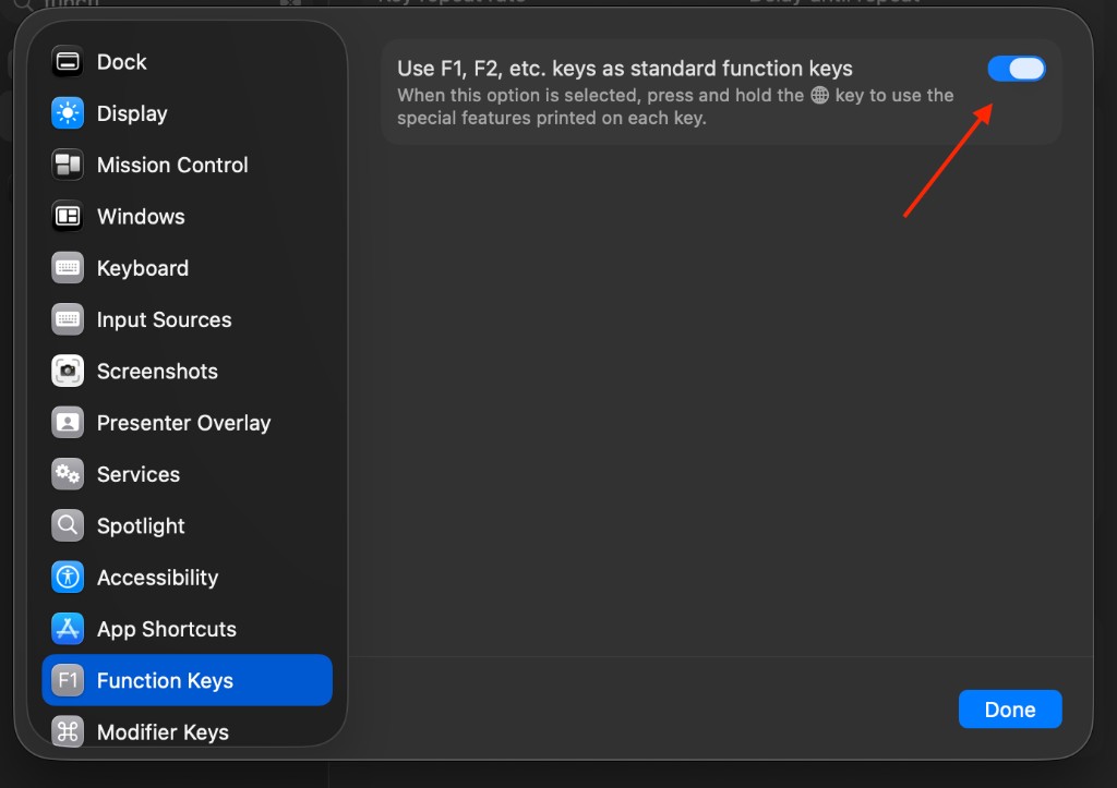 macOS Function Keys setting with standard function keys toggle turned on