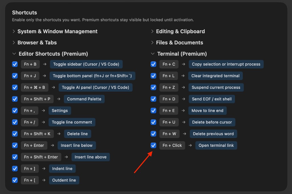 Winkeys app showing per-shortcut checkboxes in Editor and Terminal sections