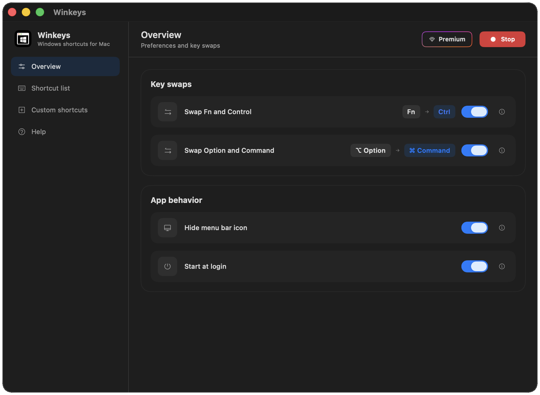 Winkeys Overview: key swaps and app behavior preferences