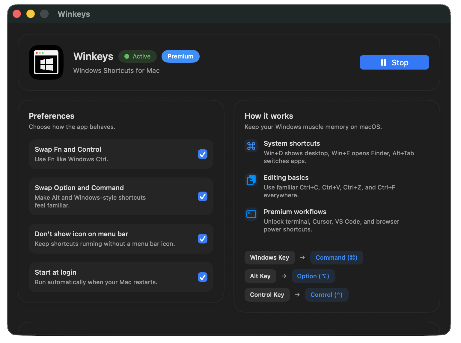 Winkeys: Windows Shortcuts for Mac app interface showing keyboard remapping options